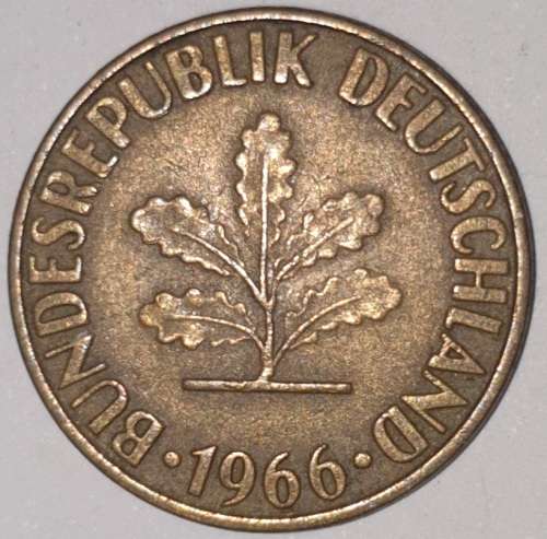 1966 F - 10 PFENNIG - TEN PFENNIG - GERMANY - FEDERAL REPUBLIC - (Brass Clad Steel) KM# 108